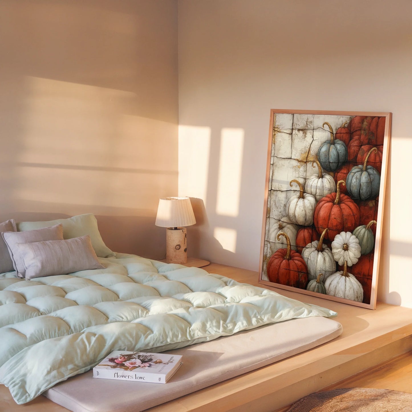 Rustic Pumpkin Art Harvest Stone Farmhouse Canvas Wall Art — Burnt sienna and ivory autumn canvas creating warm focal point in neutral kitchen design