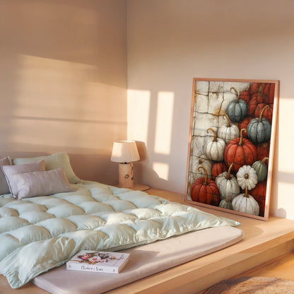Rustic Pumpkin Art Harvest Stone Farmhouse Canvas Wall Art — Burnt sienna and ivory autumn canvas creating warm focal point in neutral kitchen design