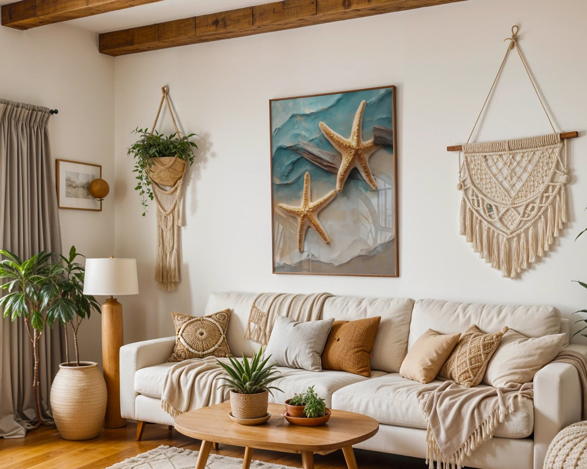 Gold Starfish Coastal Driftwood Canvas Wall Art Luxury Bathroom — Seaside canvas displaying driftwood elements with aquatic forms for minimalist home aesthetics