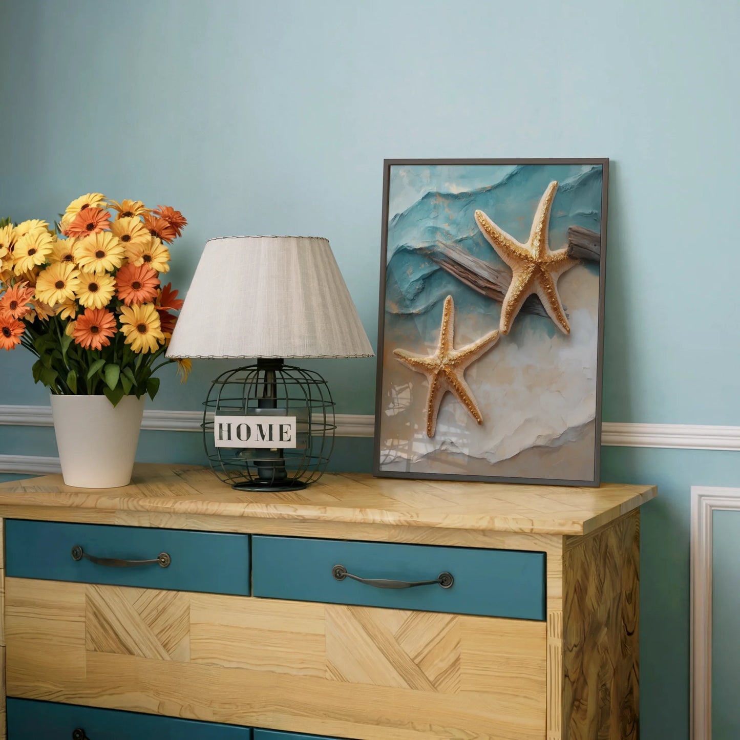 Gold Starfish Coastal Driftwood Canvas Wall Art Luxury Bathroom — Refined underwater scene with bronze accents and organic shapes for contemporary living spaces