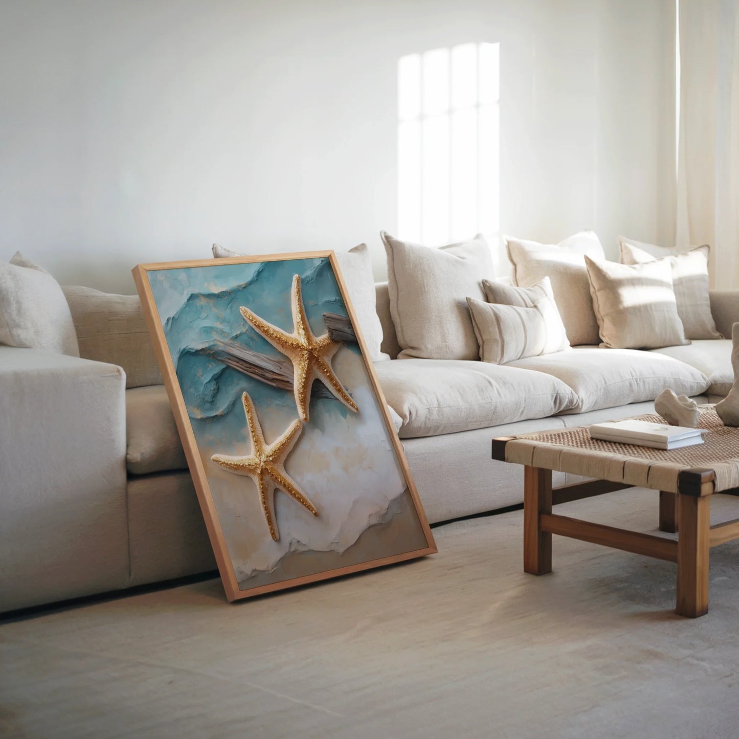Gold Starfish Coastal Driftwood Canvas Wall Art Luxury Bathroom — Turquoise waves meet champagne highlights in textured seascape for warm color palettes