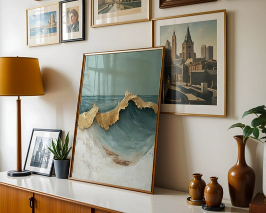 Textured Ocean Wave Art Gold Accents Canvas Wall Art — Maritime artwork featuring golden foam details perfect for seaside home aesthetics
