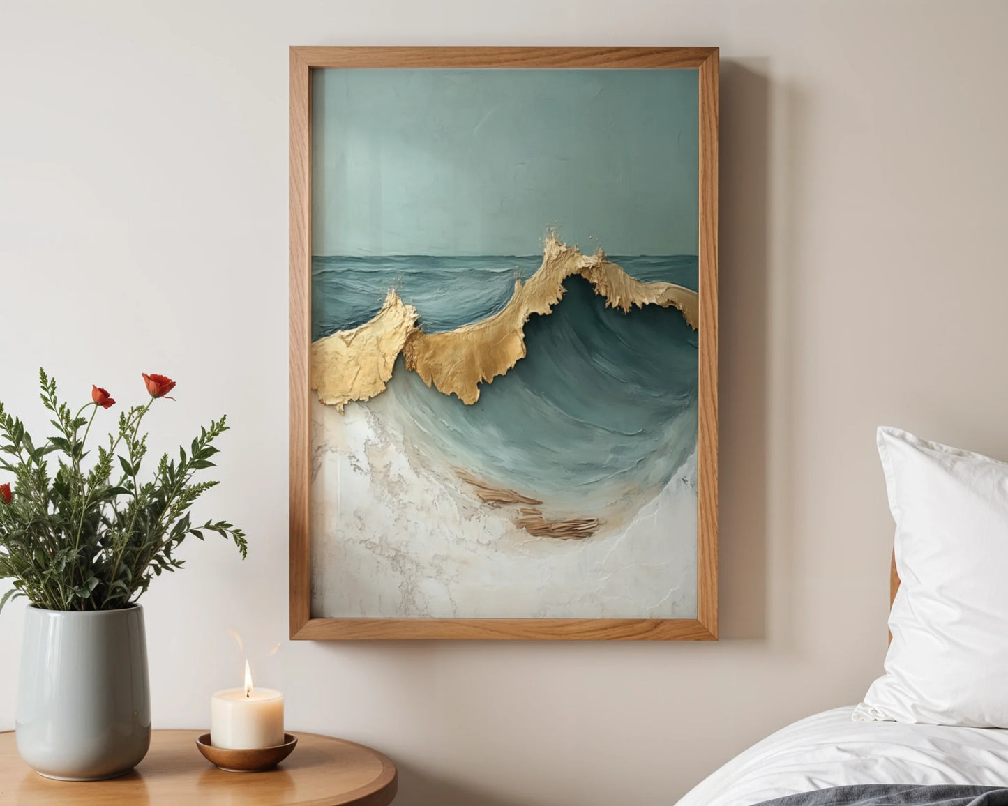 Textured Ocean Wave Art Gold Accents Canvas Wall Art — Layered seawater imagery with raised brushwork ideal for relaxed interior design