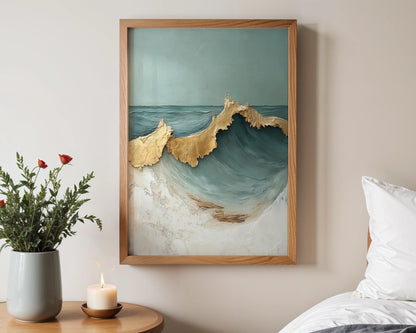 Textured Ocean Wave Art Gold Accents Canvas Wall Art — Layered seawater imagery with raised brushwork ideal for relaxed interior design