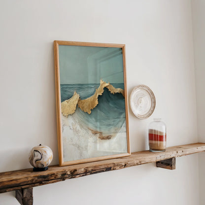 Textured Ocean Wave Art Gold Accents in room
