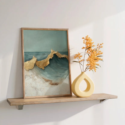Textured Ocean Wave Art Gold Accents Canvas Wall Art — Muted olive and bronze tones creating tactile surface perfect for serene interiors