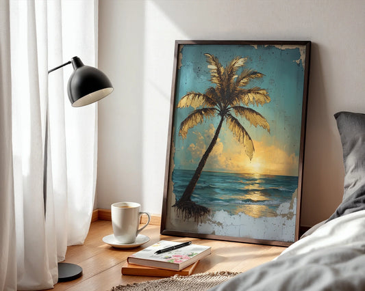 Tropical Palm Tree Golden Hour Distressed Canvas Wall Art — Relaxed shoreline style featuring bent palm silhouette against dawn sky for breezy home decor