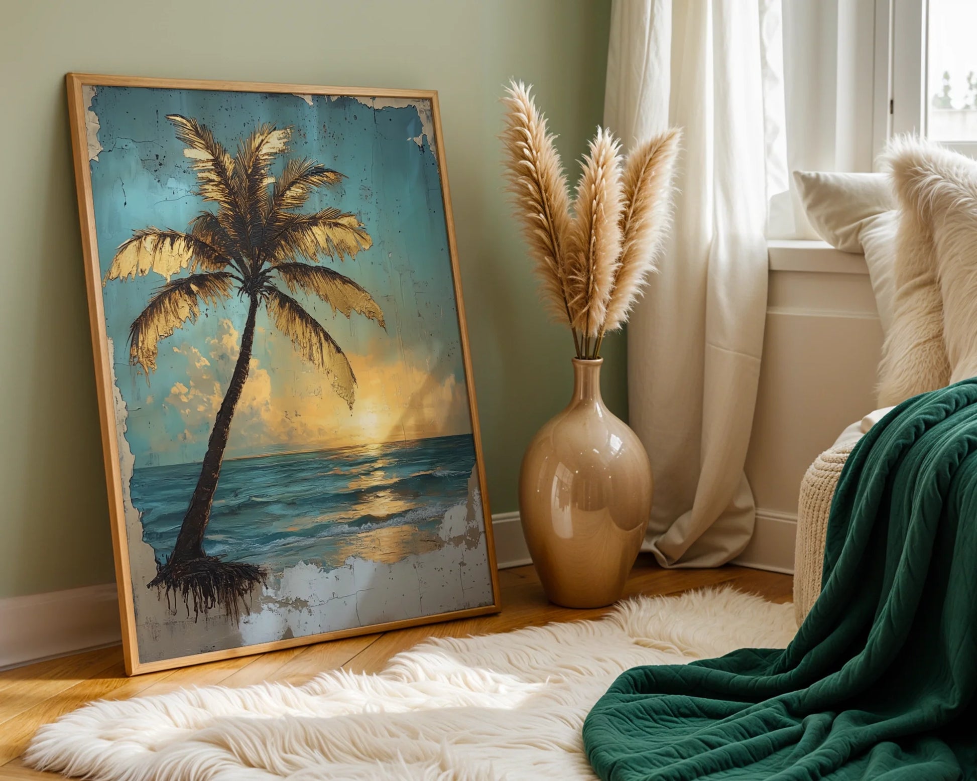 Tropical Palm Tree Golden Hour Distressed in room