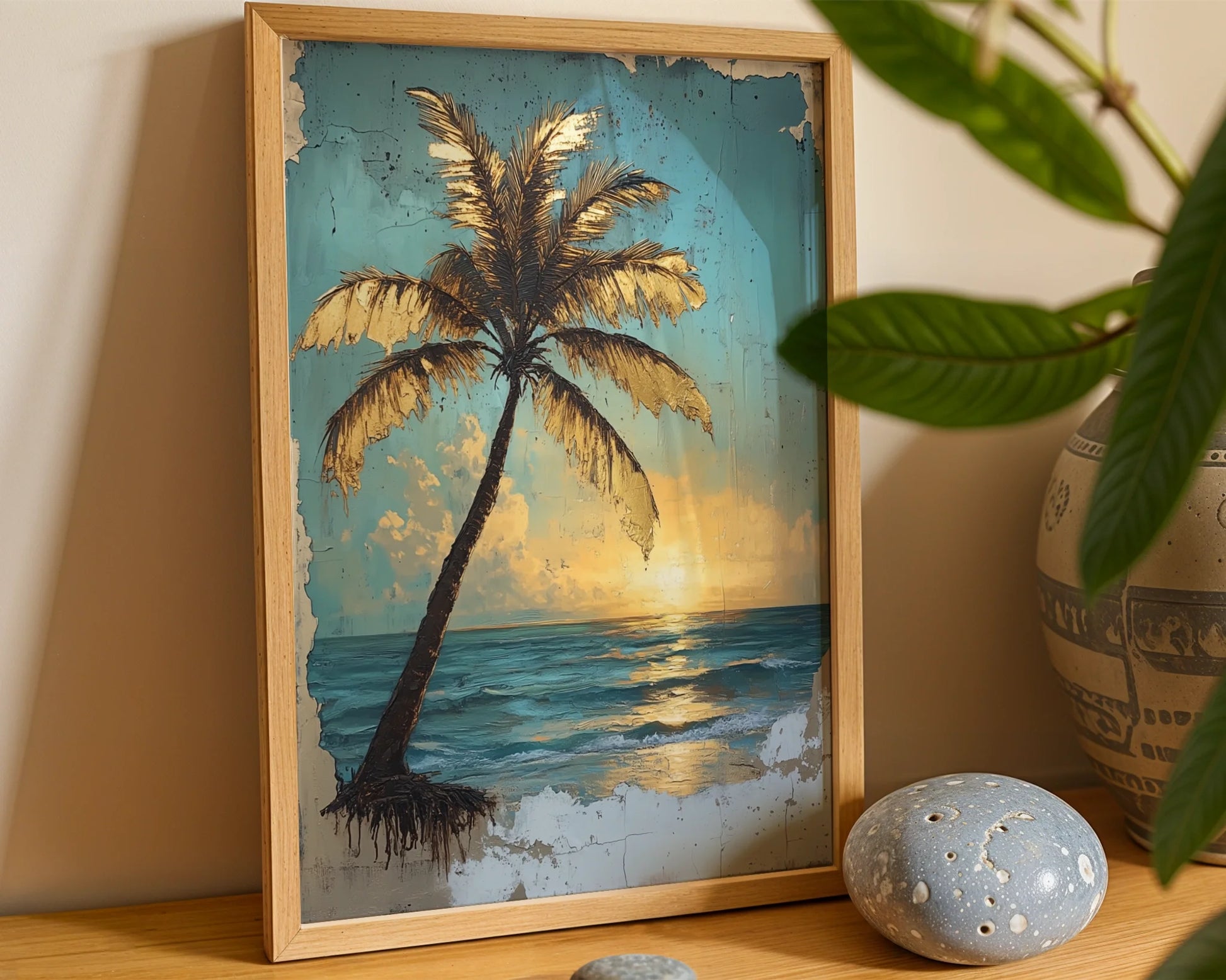 Tropical Palm Tree Golden Hour Distressed Canvas Wall Art — Aged beachfront art showcasing tilted palm against amber dawn for laid-back home styling