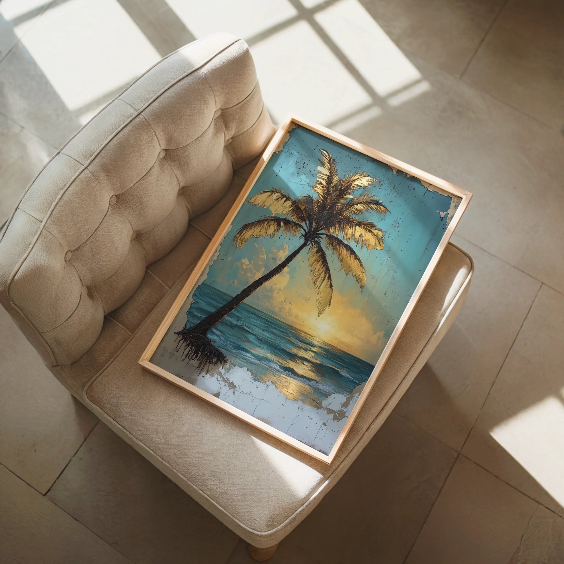 Tropical Palm Tree Golden Hour Distressed in room