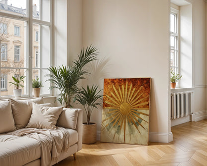 Golden Sun Rays Ancient Temple Stone Canvas Wall Art — Bohemian canvas print with carved sun rays in neutral bedroom featuring natural textures