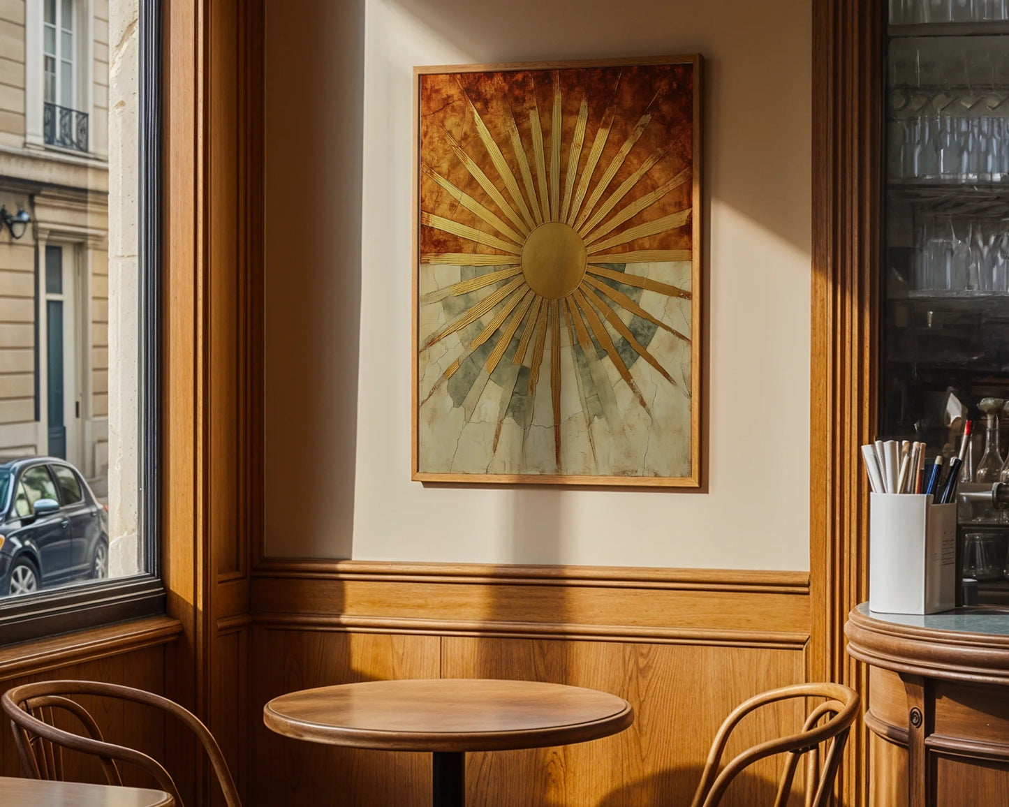 Golden Sun Rays Ancient Temple Stone Canvas Wall Art — Eclectic home decor canvas showing golden sunburst through cracked stone in earthy living space