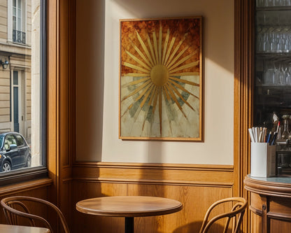 Golden Sun Rays Ancient Temple Stone Canvas Wall Art — Eclectic home decor canvas showing golden sunburst through cracked stone in earthy living space
