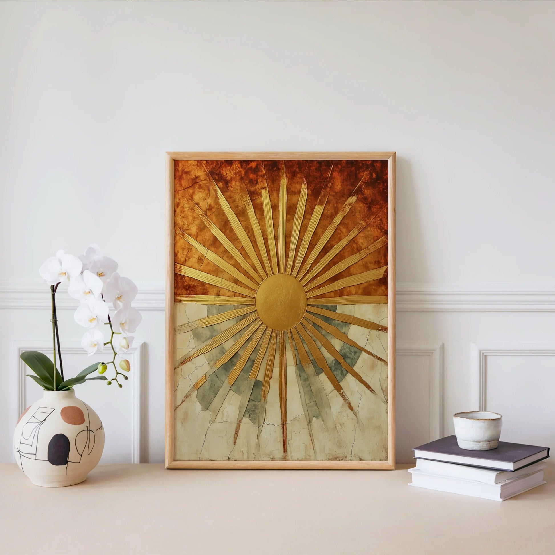 Golden Sun Rays Ancient Temple Stone Canvas Wall Art — Honey gold and burnt sienna canvas print with carved stone texture in warm neutral bedroom