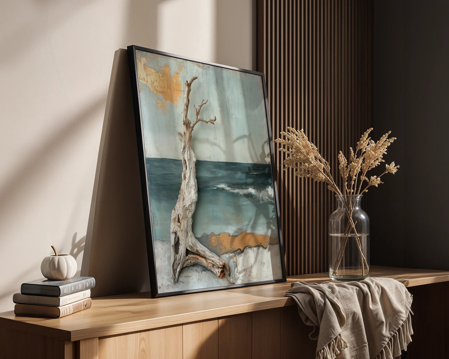 Coastal Driftwood Mixed Media Ocean Waves Canvas Wall Art — Scandinavian interior displaying three-dimensional shoreline artwork with natural timber accents for fresh spaces