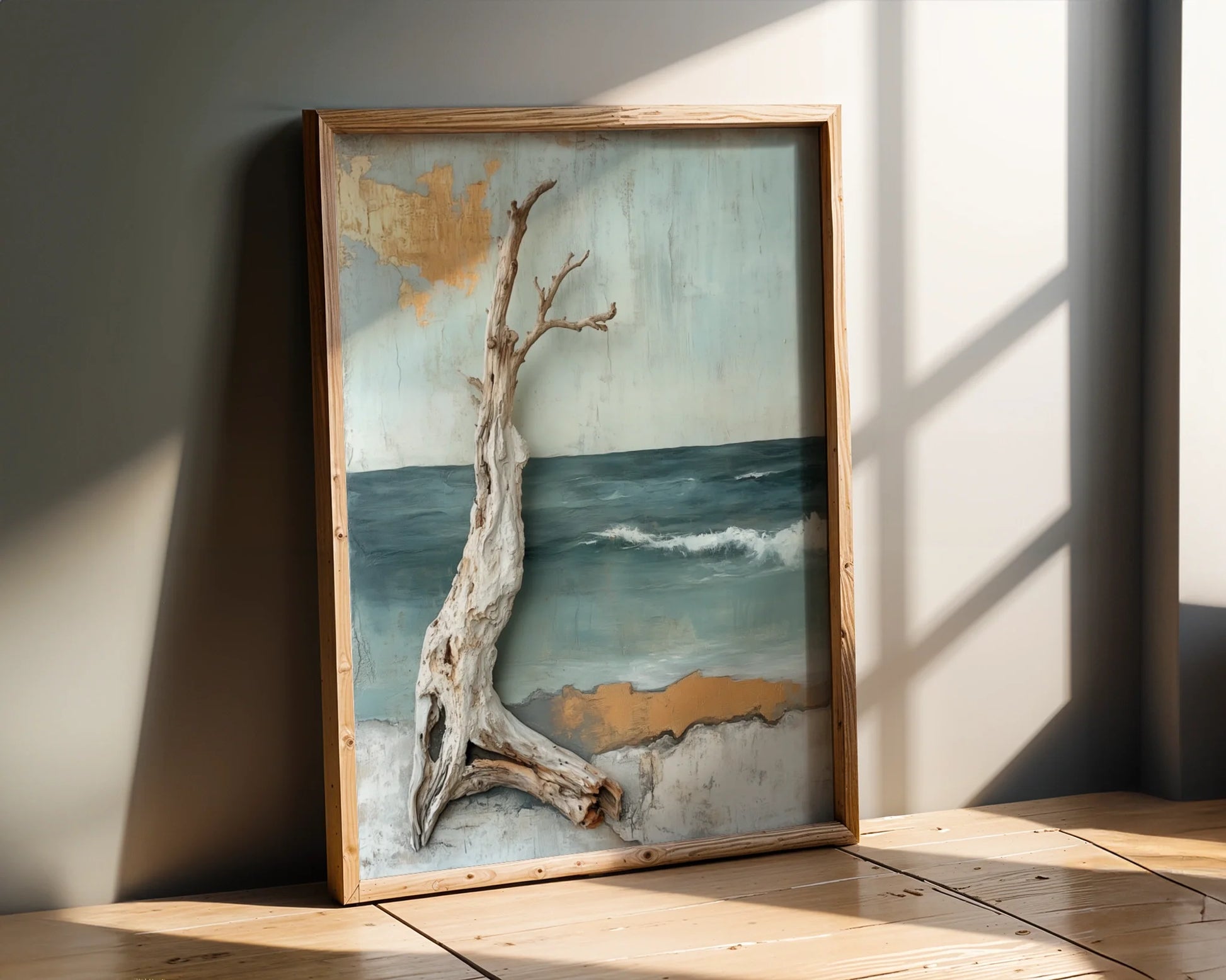 Coastal Driftwood Mixed Media Ocean Waves Canvas Wall Art — Industrial loft wall showcasing artistic ocean scene with reclaimed wood pieces for urban home design