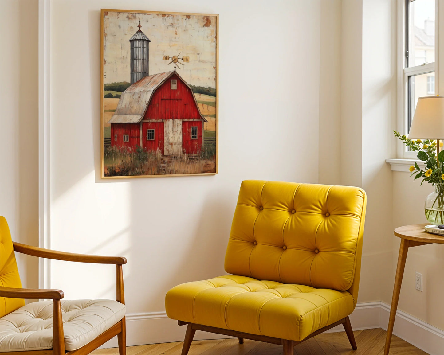 Red Barn Farmhouse Silver Silo Checkerboard Canvas Wall Art — Modern farmhouse dining room featuring aged barn canvas showcasing rustic architecture on neutral walls