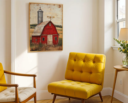 Red Barn Farmhouse Silver Silo Checkerboard Canvas Wall Art — Modern farmhouse dining room featuring aged barn canvas showcasing rustic architecture on neutral walls