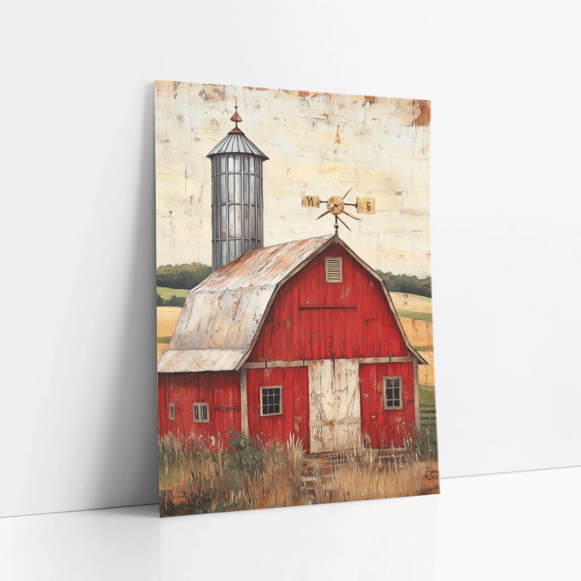 Red Barn Farmhouse Silver Silo Checkerboard art print