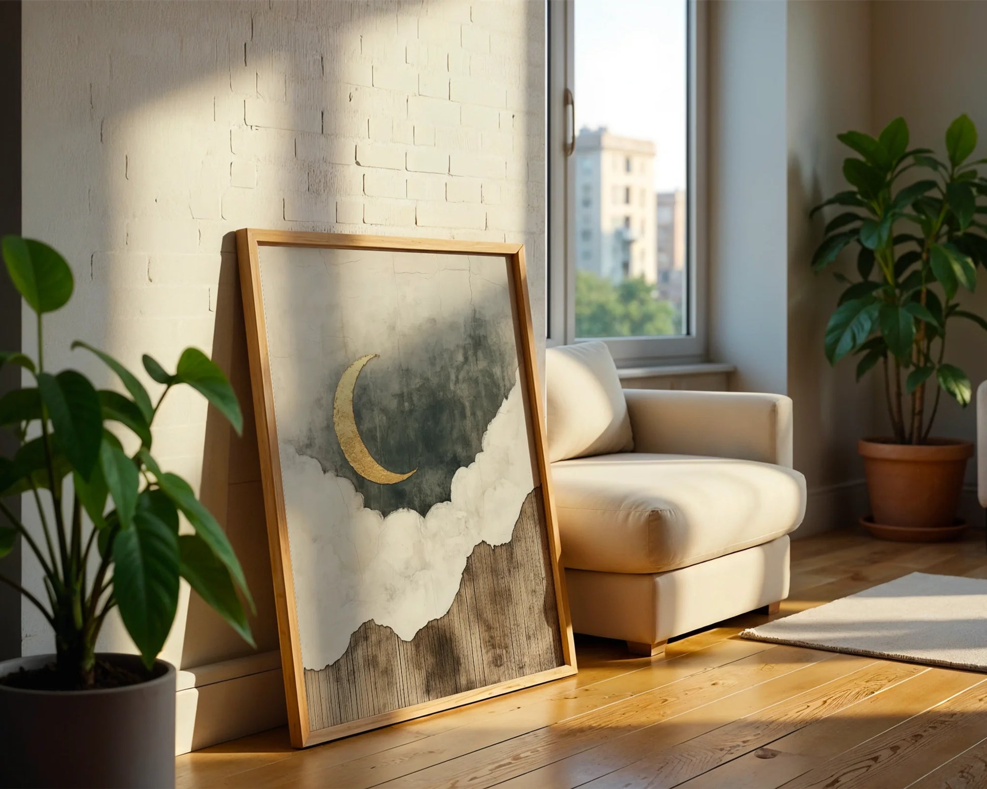 Gold Leaf Moon Art Weathered Wood Texture Canvas Wall Art — Minimalist canvas featuring lunar silhouette floating over distressed timber patterns in neutral home