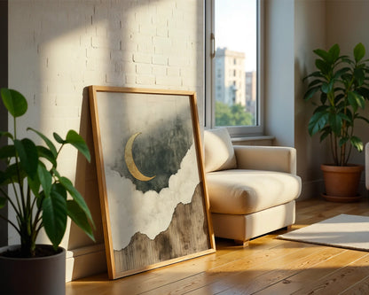 Gold Leaf Moon Art Weathered Wood Texture in room