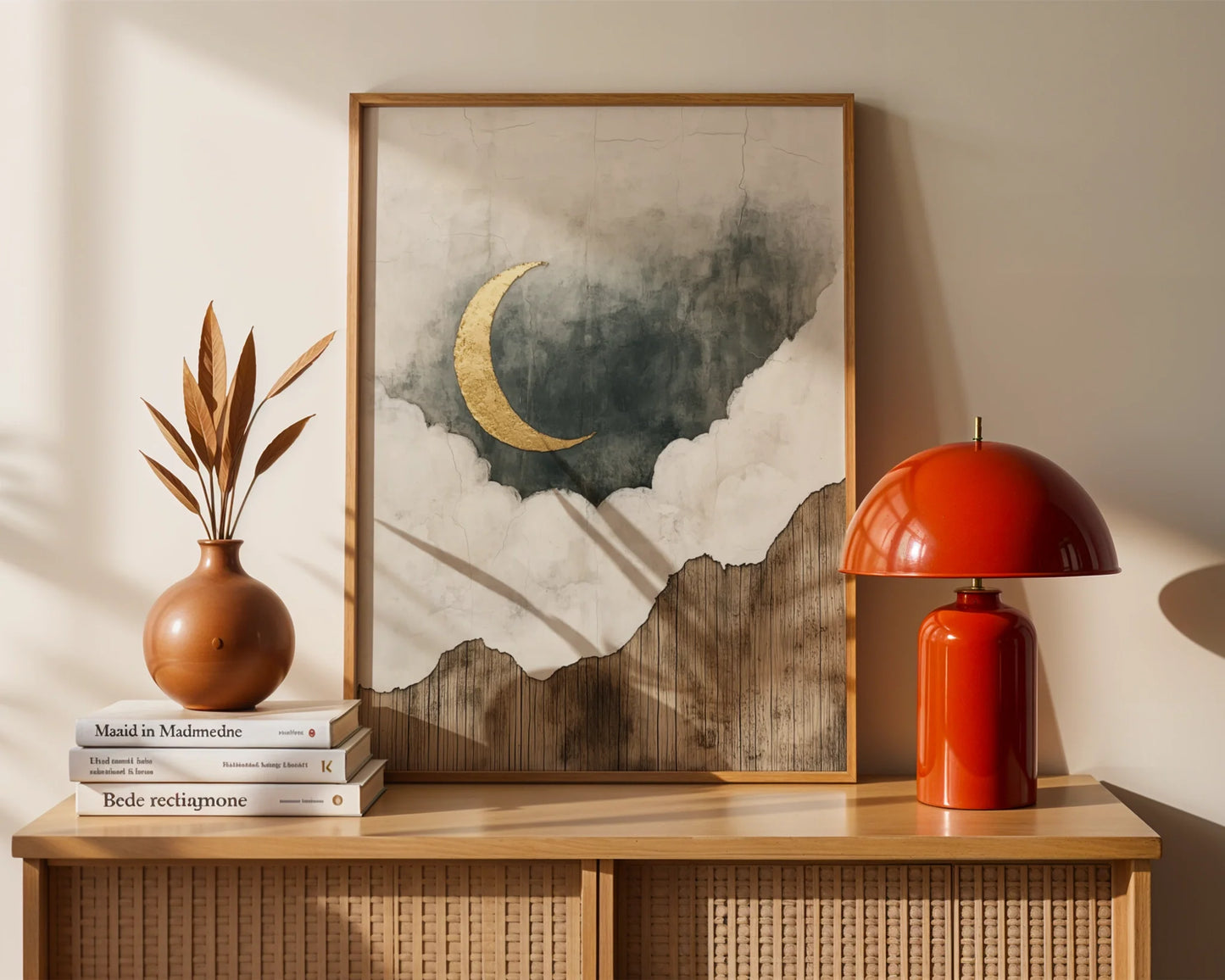 Gold Leaf Moon Art Weathered Wood Texture in room