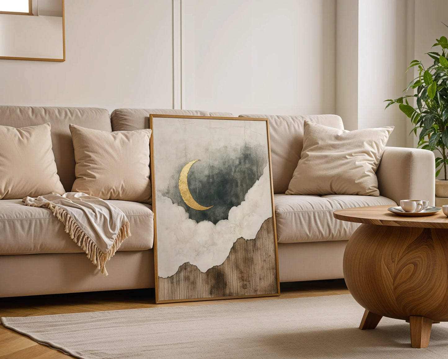 Gold Leaf Moon Art Weathered Wood Texture in room