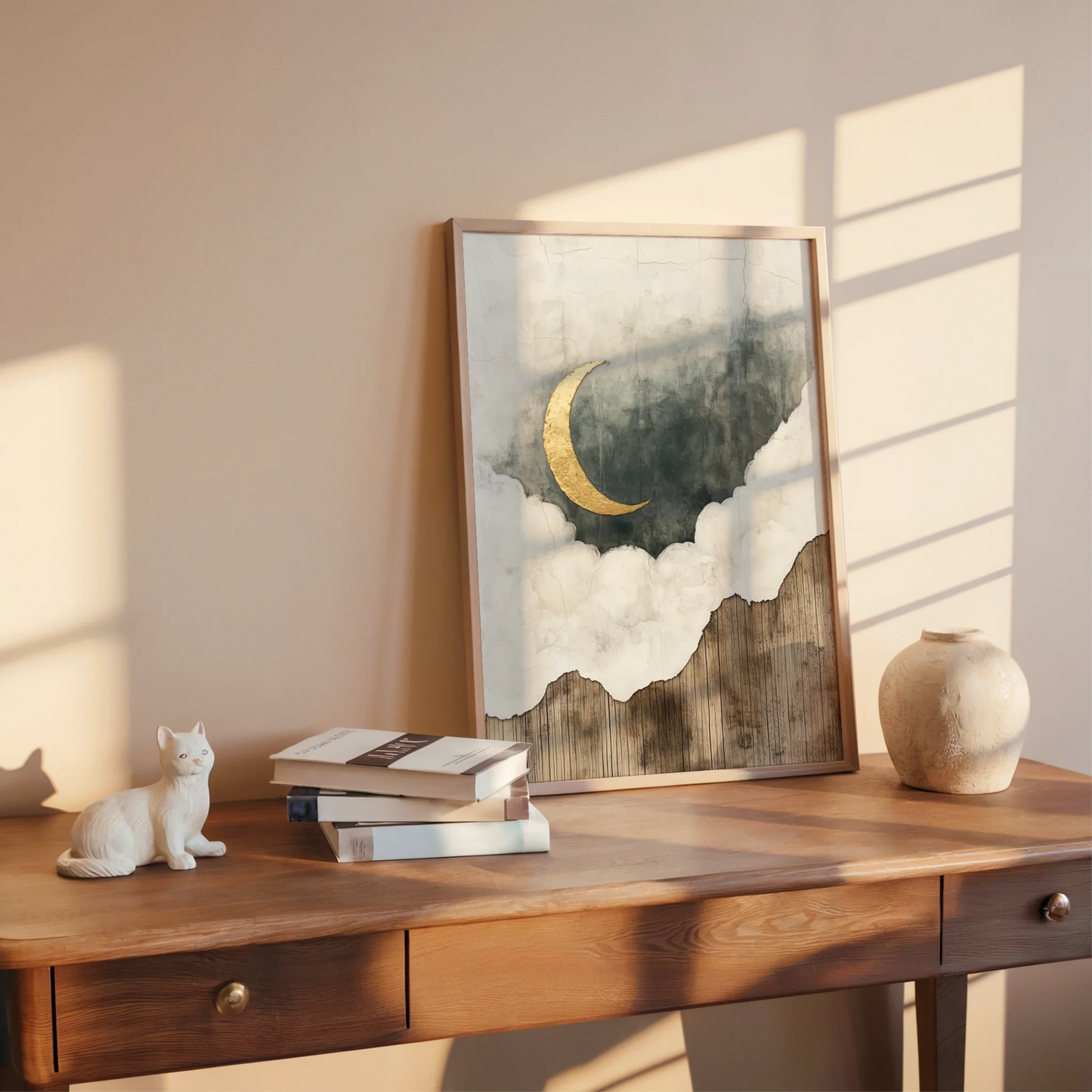 Gold Leaf Moon Art Weathered Wood Texture in room