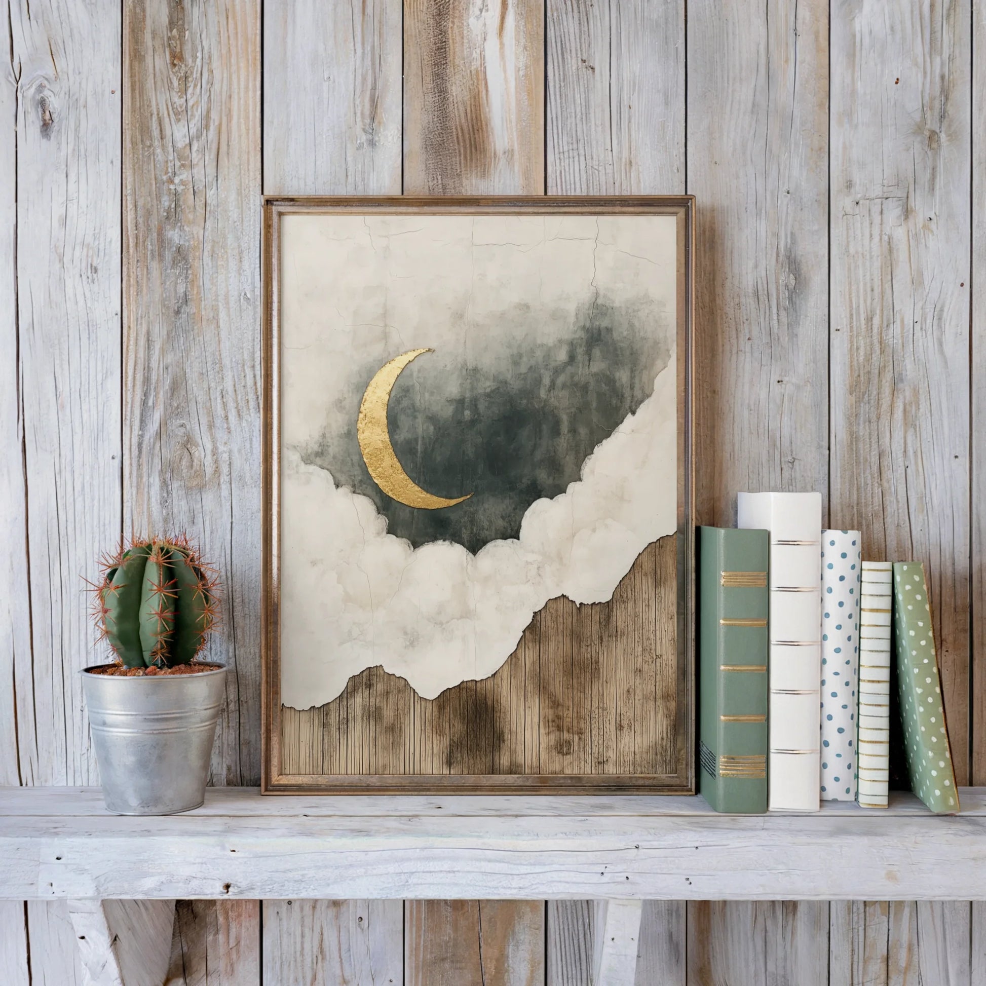 Gold Leaf Moon Art Weathered Wood Texture in room