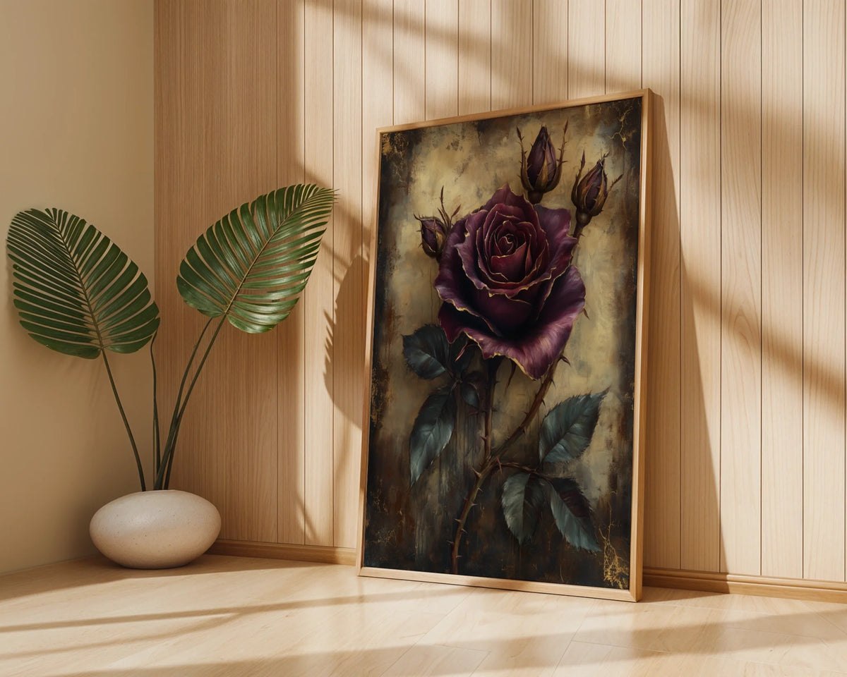 Dark Purple Rose Gothic Medieval Manuscript Canvas Wall Art — Dramatic dark academia style canvas featuring aged manuscript with blooming thorned rose in scholarly decor