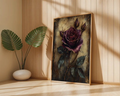 Dark Purple Rose Gothic Medieval Manuscript Canvas Wall Art — Dramatic dark academia style canvas featuring aged manuscript with blooming thorned rose in scholarly decor