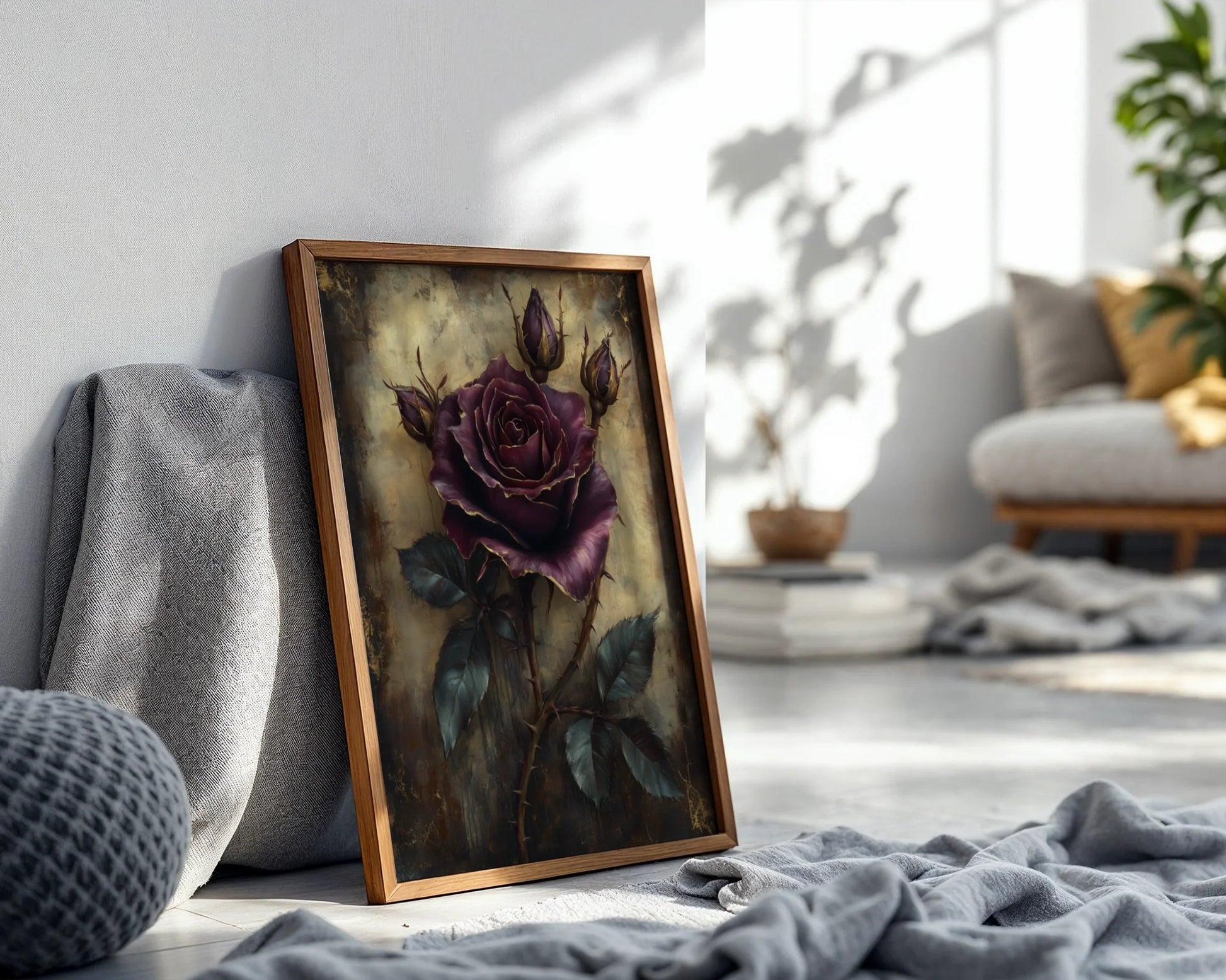 Dark Purple Rose Gothic Medieval Manuscript Canvas Wall Art — Romantic scholar style canvas print featuring aged text pages with ornate flower design in traditional home