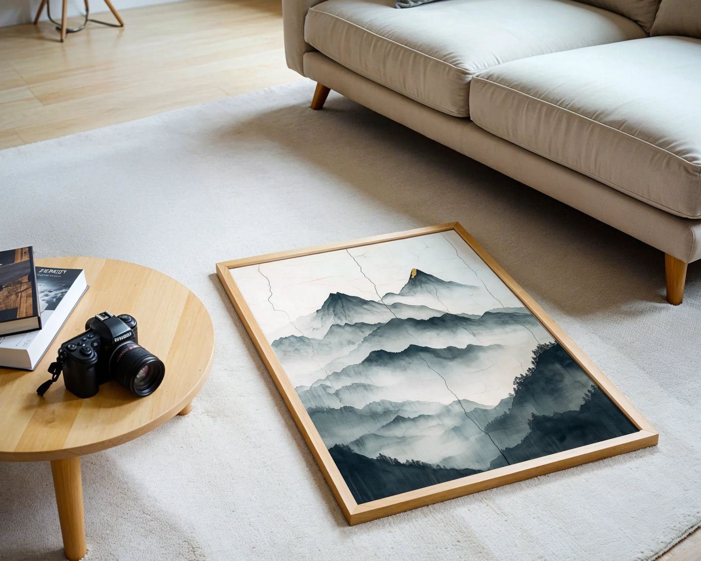 Asian Mountain Art Japandi Jade Mist Gold Peaks in room