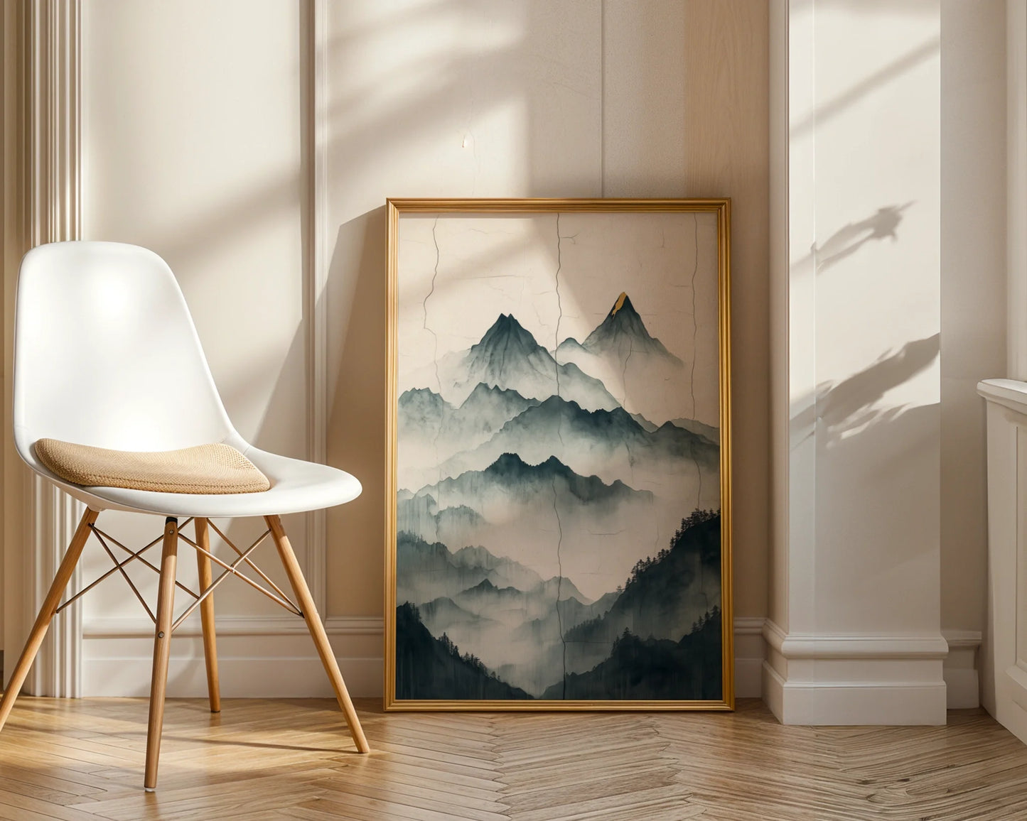 Asian Mountain Art Japandi Jade Mist Gold Peaks Canvas Print — Serene mountain landscape artwork displayed in neutral-toned interior with natural textures
