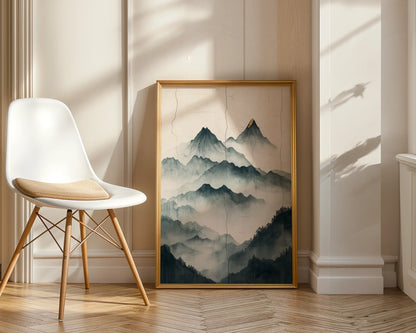 Asian Mountain Art Japandi Jade Mist Gold Peaks in room