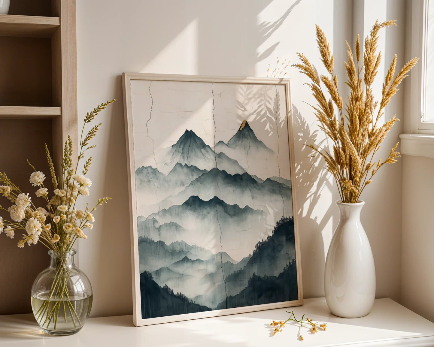 Asian Mountain Art Japandi Jade Mist Gold Peaks Canvas Print — Zen-inspired canvas print showcasing golden summit ridges in calming bedroom aesthetic
