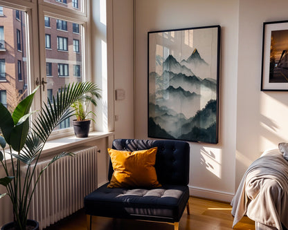 Asian Mountain Art Japandi Jade Mist Gold Peaks Canvas Print — Contemporary Japanese-style artwork depicting hazy mountain ranges in organic home setting