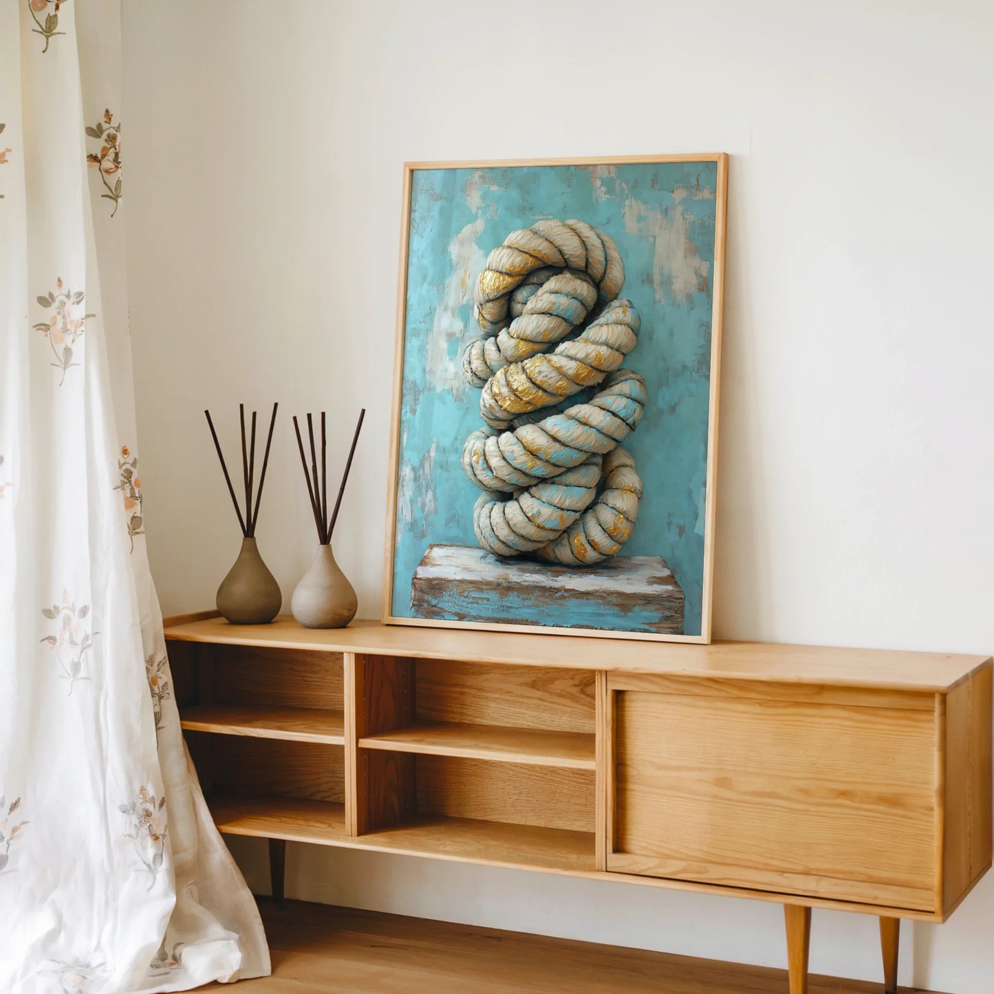 Nautical Rope Art Twisted Maritime Canvas Wall Art — Sage green and amber tones highlight rough-textured jute strands in this coastal canvas display