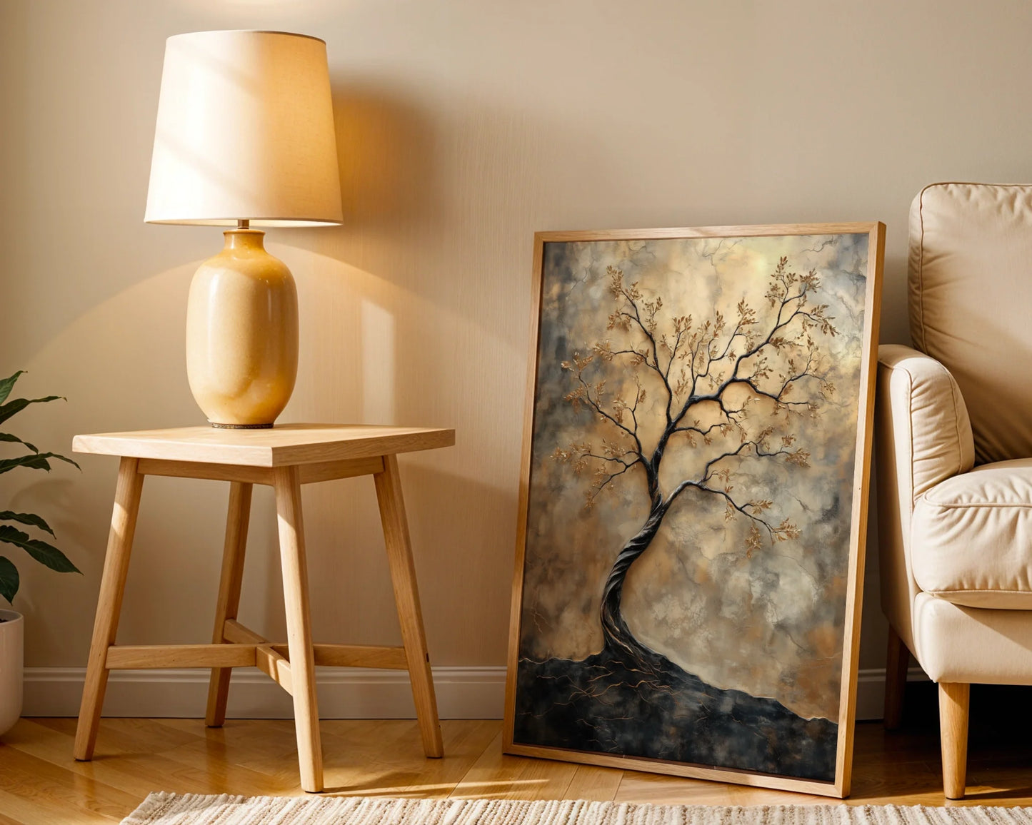 Twisted Tree Trunk Spiral Oak Golden Leaves in room