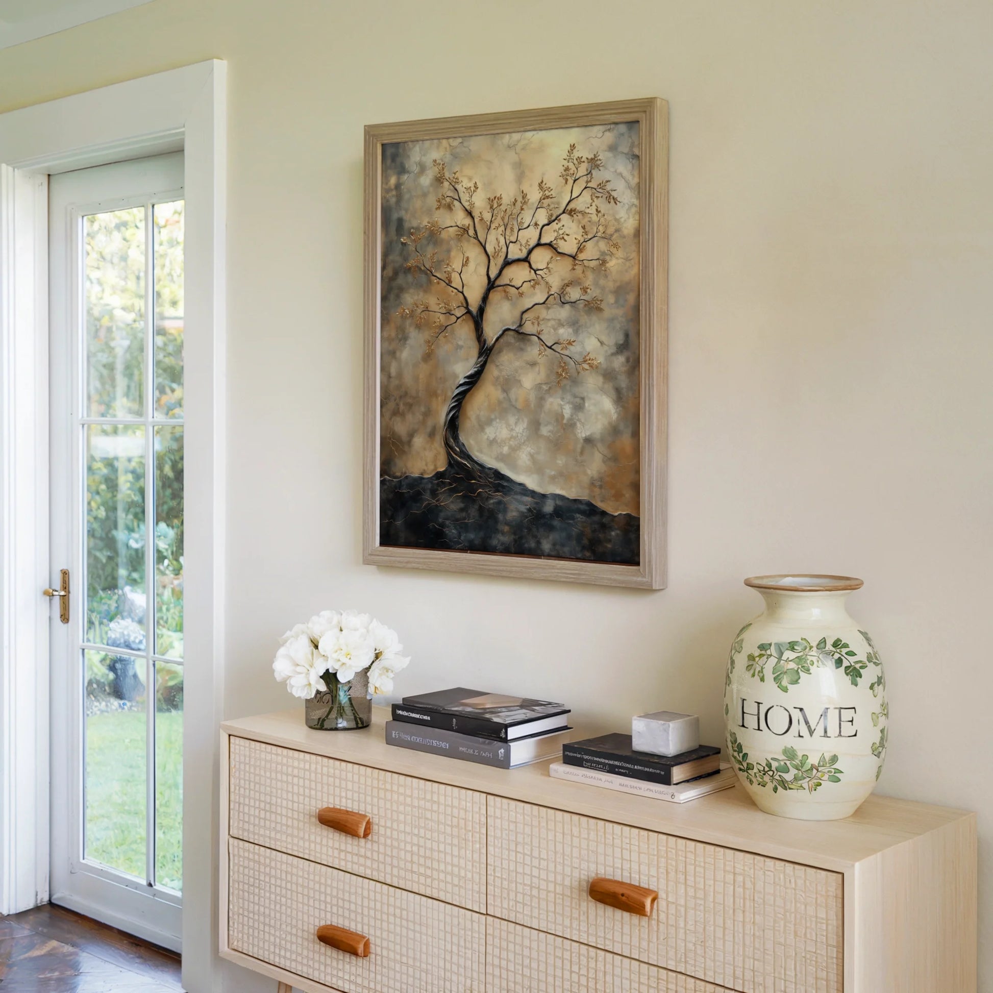 Twisted Tree Trunk Spiral Oak Golden Leaves Canvas Wall Art — Warm honey tones blend with deep charcoal in textured botanical canvas for earthy home palette