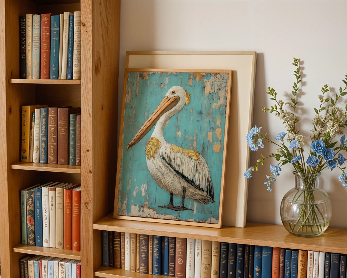 Coastal Bird Art - Pelican on Turquoise Planks Print in room