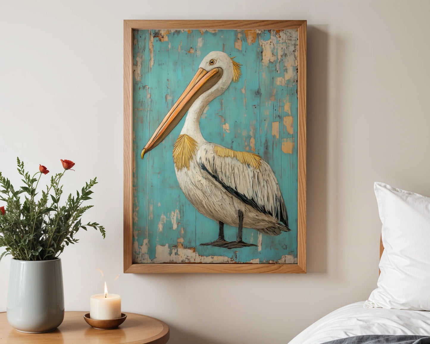 Coastal Bird Canvas Art - Pelican on Turquoise Planks Print — Shabby chic artwork featuring an ocean guardian perfect for cottage decorating themes