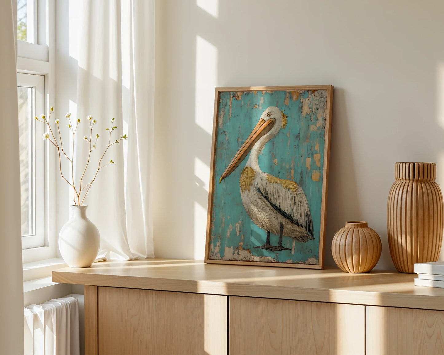 Coastal Bird Art - Pelican on Turquoise Planks Print in room