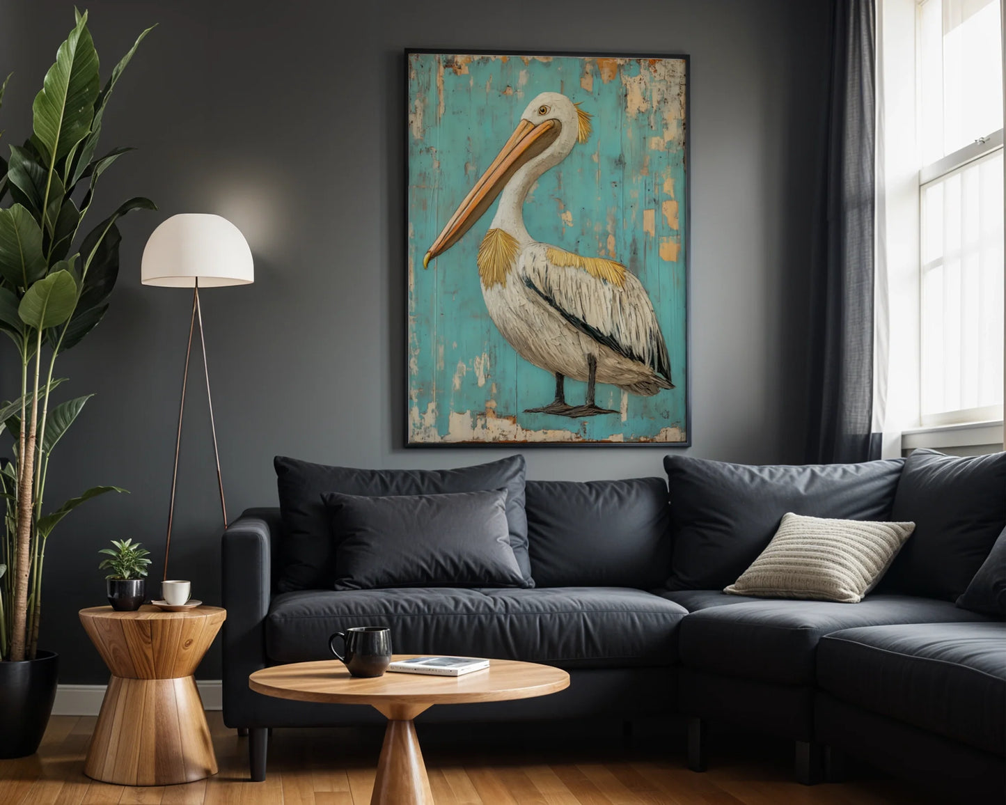 Coastal Bird Canvas Art - Pelican on Turquoise Planks Print — Distressed plank-style canvas showing a graceful fishing bird for country home interiors