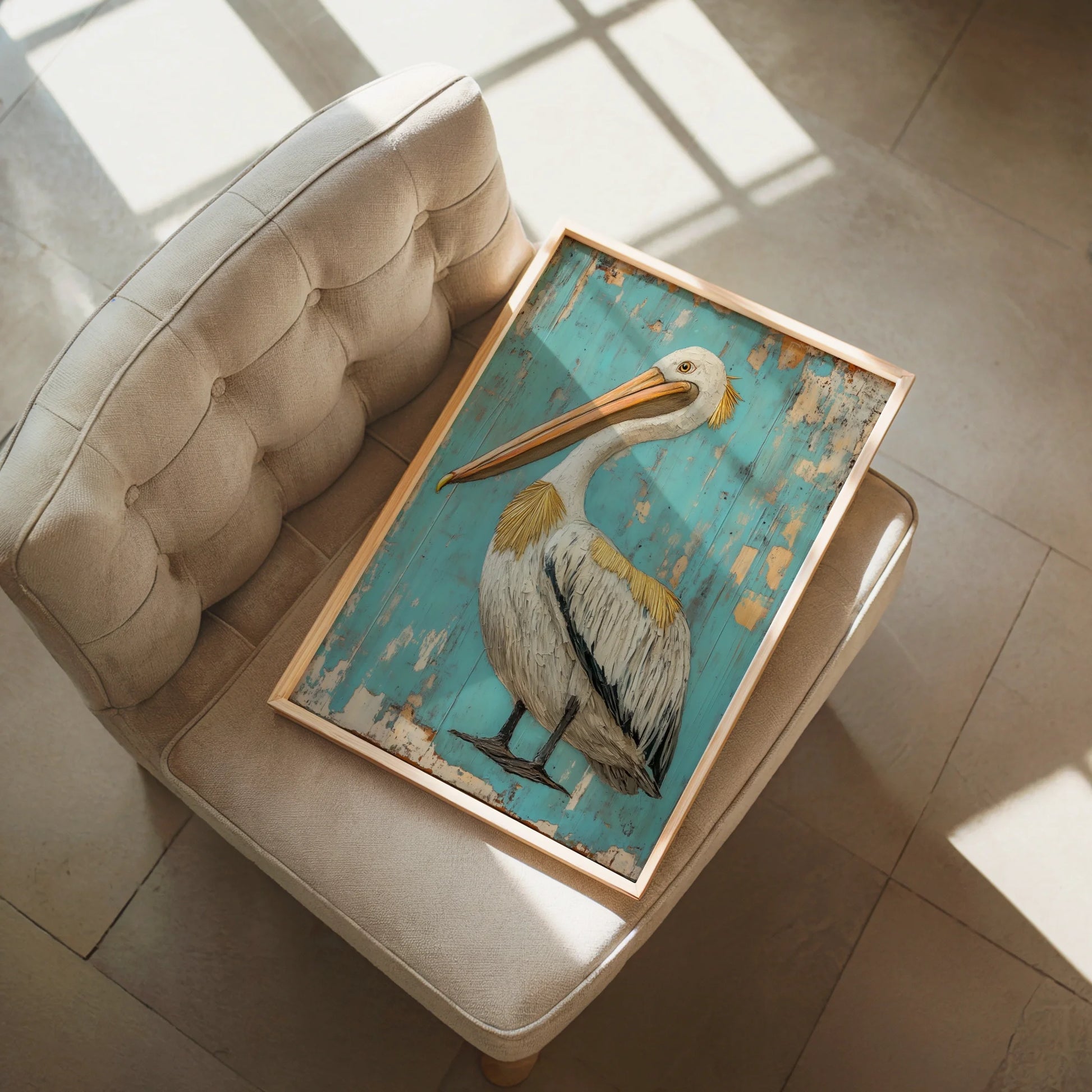 Coastal Bird Canvas Art - Pelican on Turquoise Planks Print — Retro seaside canvas portraying a noble wading bird suited for timeless home styling