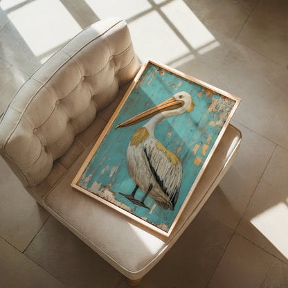 Coastal Bird Art - Pelican on Turquoise Planks Print in room