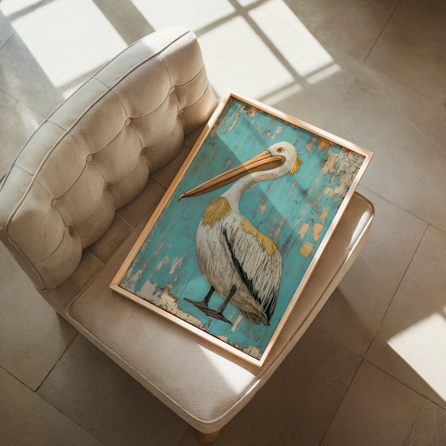 Coastal Bird Art - Pelican on Turquoise Planks Print in room