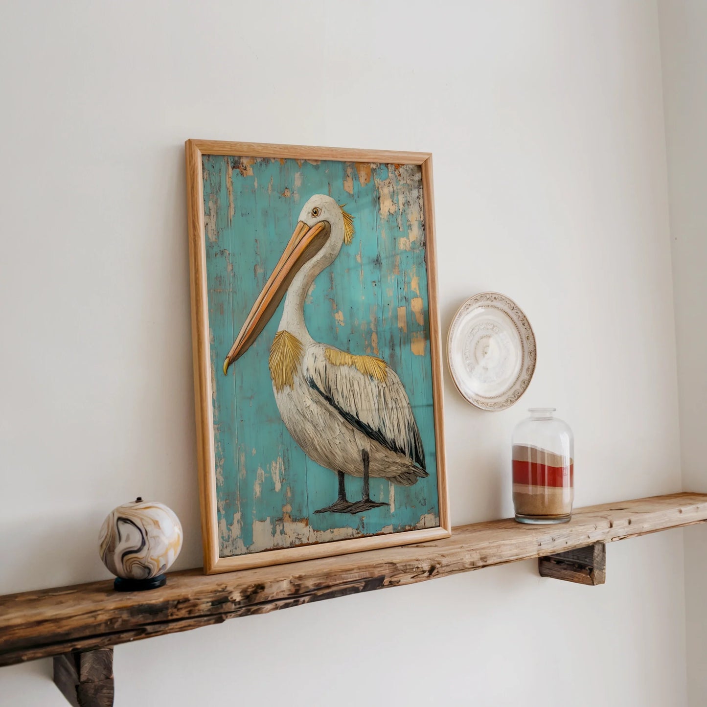 Coastal Bird Art - Pelican on Turquoise Planks Print in room