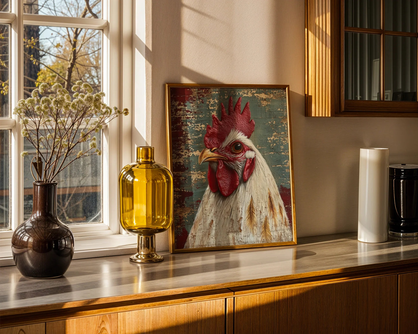 Rustic Rooster Art Barn Wood Farmhouse in room
