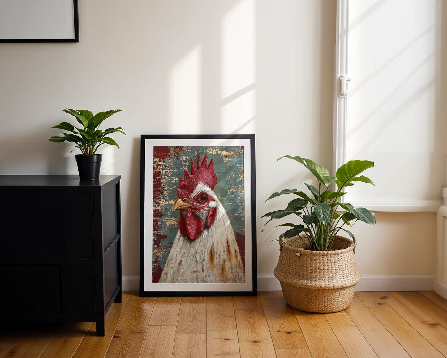 Rustic Rooster Art Barn Wood Farmhouse Canvas Wall Art — Provincial wall hanging displays majestic fowl against reclaimed lumber backdrop in cozy dining space